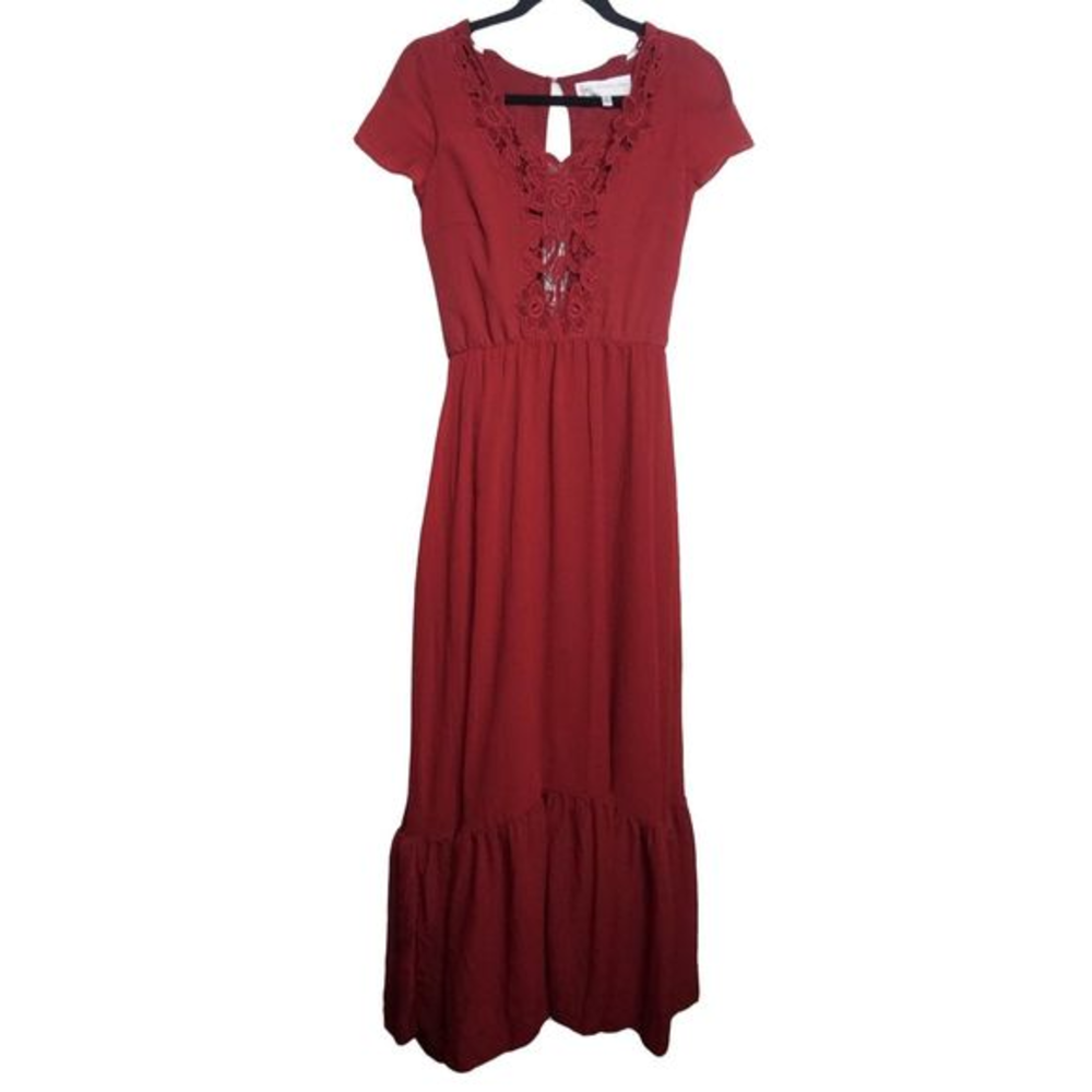 Dress The Population Red Flowy Long Maxi Dress Short Sleeve Lace Sz‎ XS Women's